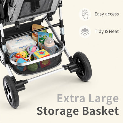 3-In-1 Convertible Baby Stroller with Big Seat and Adjustable Canopy, 24 Pounds, Light Grey