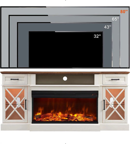Farmhouse 3-Sided Fireplace TV Stand for 80" Tvs, 70" Entertainment Center with Electric Fireplace and Storage Drawers, Antique White