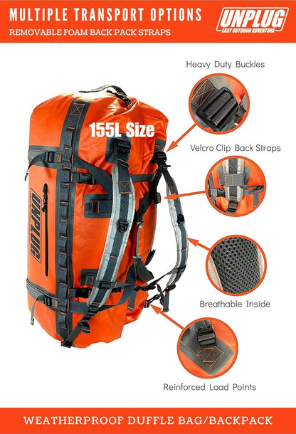 UNPLUG Ultimate Adventure | 1680D Heavy Duty Waterproof Bag | Large Travel Bag Which Can Be Used for Camping, Motorcycling, Boating, or Hunting|155L Adventure Orange
