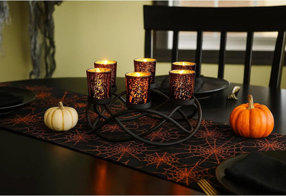 Centerpieces for Halloween Table Decorations - round Candle Holders for Outdoor Patio, Dining, Kitchen, Coffee & Wedding Table Decor, Black Iron Candelabra, 6 Black Glass Votive Tealight Cups