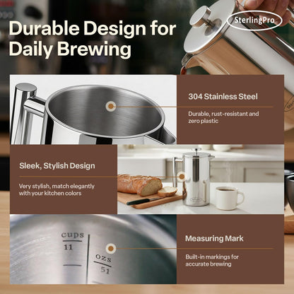 Stainless Steel French Press Coffee Maker 1.5 L (51 Oz) Mirror – Double Walled Insulated Large Coffee Press, Durable Design Keeps Drinks Hot, Easy to Use and Clean for Rich Flavor Brewing