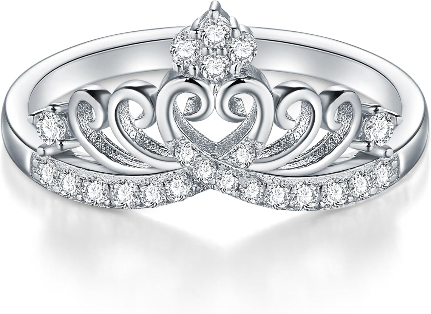 Princess Crown Tiara Wedding CZ Band - Premium Crown Rings for Women - Cubic Zirconia Ring - Sterling Silver Rings - Rings for Women with Platinum Plating over Sterling Silver - 2Mm 925 Silver Ring with Eco Friendly Bag Size 4-12