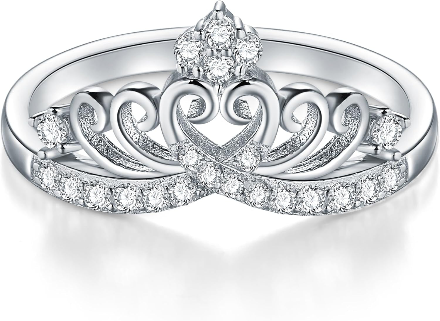Princess Crown Tiara Wedding CZ Band - Premium Crown Rings for Women - Cubic Zirconia Ring - Sterling Silver Rings - Rings for Women with Platinum Plating over Sterling Silver - 2Mm 925 Silver Ring with Eco Friendly Bag Size 4-12