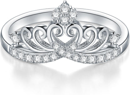 Princess Crown Tiara Wedding CZ Band - Premium Crown Rings for Women - Cubic Zirconia Ring - Sterling Silver Rings - Rings for Women with Platinum Plating over Sterling Silver - 2Mm 925 Silver Ring with Eco Friendly Bag Size 4-12