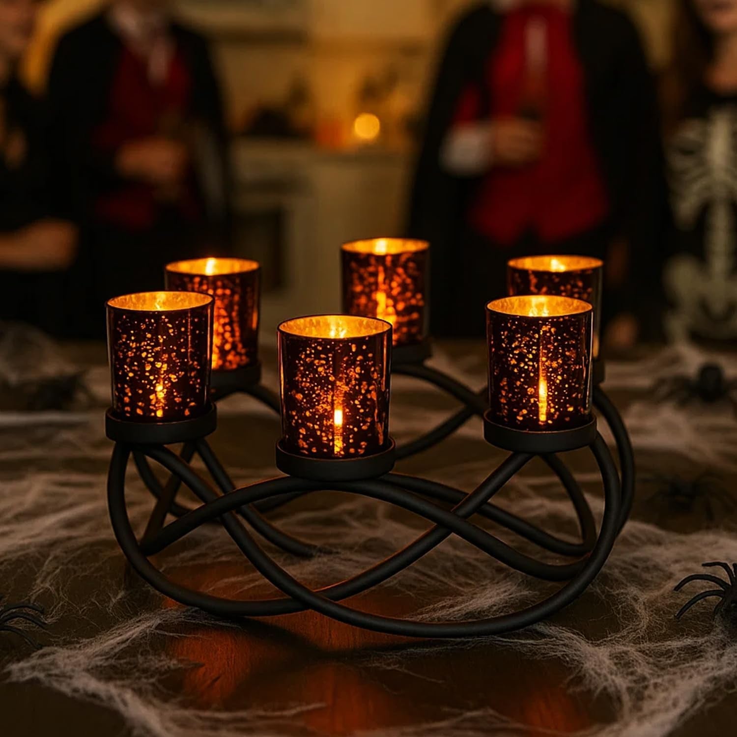 Centerpieces for Halloween Table Decorations - round Candle Holders for Outdoor Patio, Dining, Kitchen, Coffee & Wedding Table Decor, Black Iron Candelabra, 6 Black Glass Votive Tealight Cups