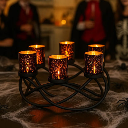 Centerpieces for Halloween Table Decorations - round Candle Holders for Outdoor Patio, Dining, Kitchen, Coffee & Wedding Table Decor, Black Iron Candelabra, 6 Black Glass Votive Tealight Cups