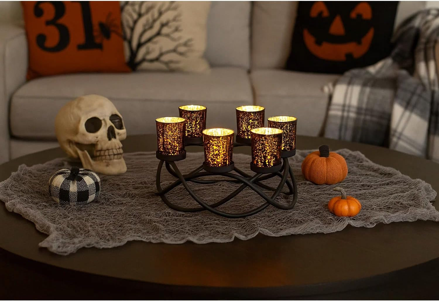 Centerpieces for Halloween Table Decorations - round Candle Holders for Outdoor Patio, Dining, Kitchen, Coffee & Wedding Table Decor, Black Iron Candelabra, 6 Black Glass Votive Tealight Cups