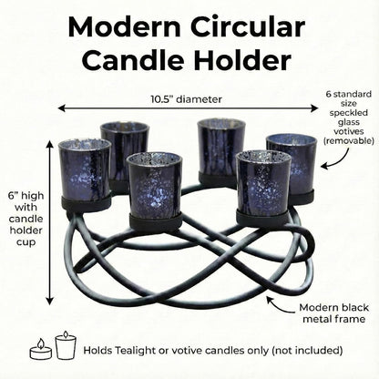 Centerpieces for Halloween Table Decorations - round Candle Holders for Outdoor Patio, Dining, Kitchen, Coffee & Wedding Table Decor, Black Iron Candelabra, 6 Black Glass Votive Tealight Cups