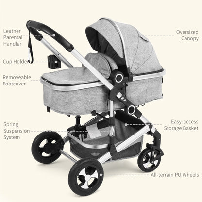 3-In-1 Convertible Baby Stroller with Big Seat and Adjustable Canopy, 24 Pounds, Light Grey