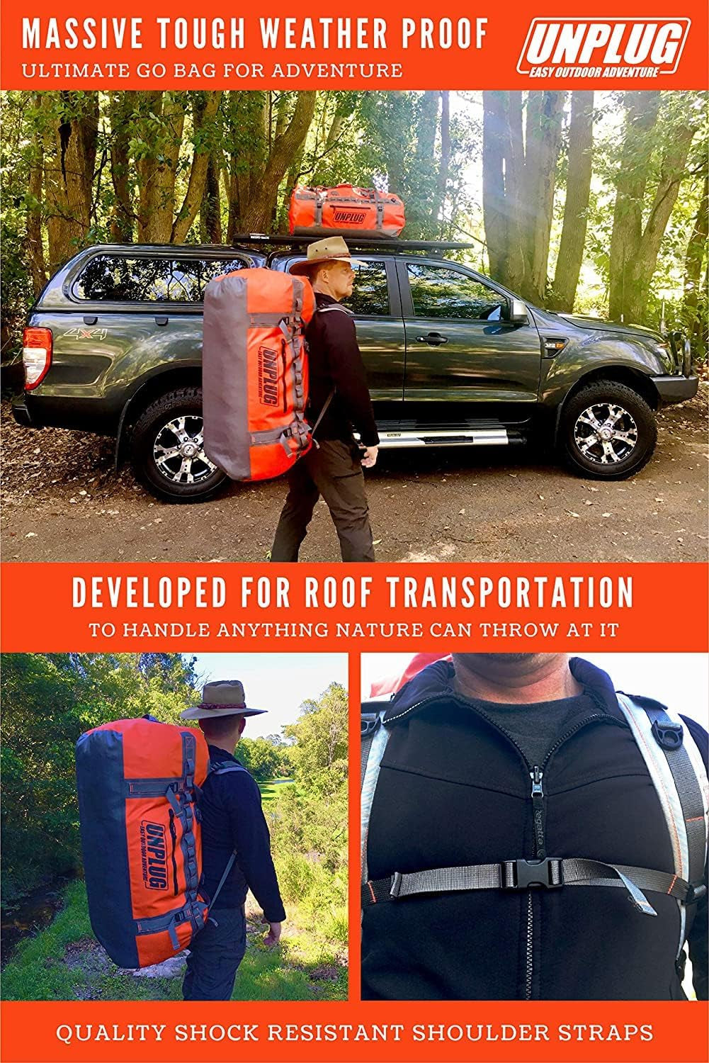 UNPLUG Ultimate Adventure | 1680D Heavy Duty Waterproof Bag | Large Travel Bag Which Can Be Used for Camping, Motorcycling, Boating, or Hunting|155L Adventure Orange