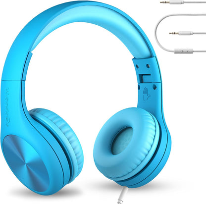 Connect+ Pro Wired Kids Headphones for School with Microphone, Volume Limiting Over-Ear Headset with Cord, Shareport Technology & Softtouch Padding, Blue