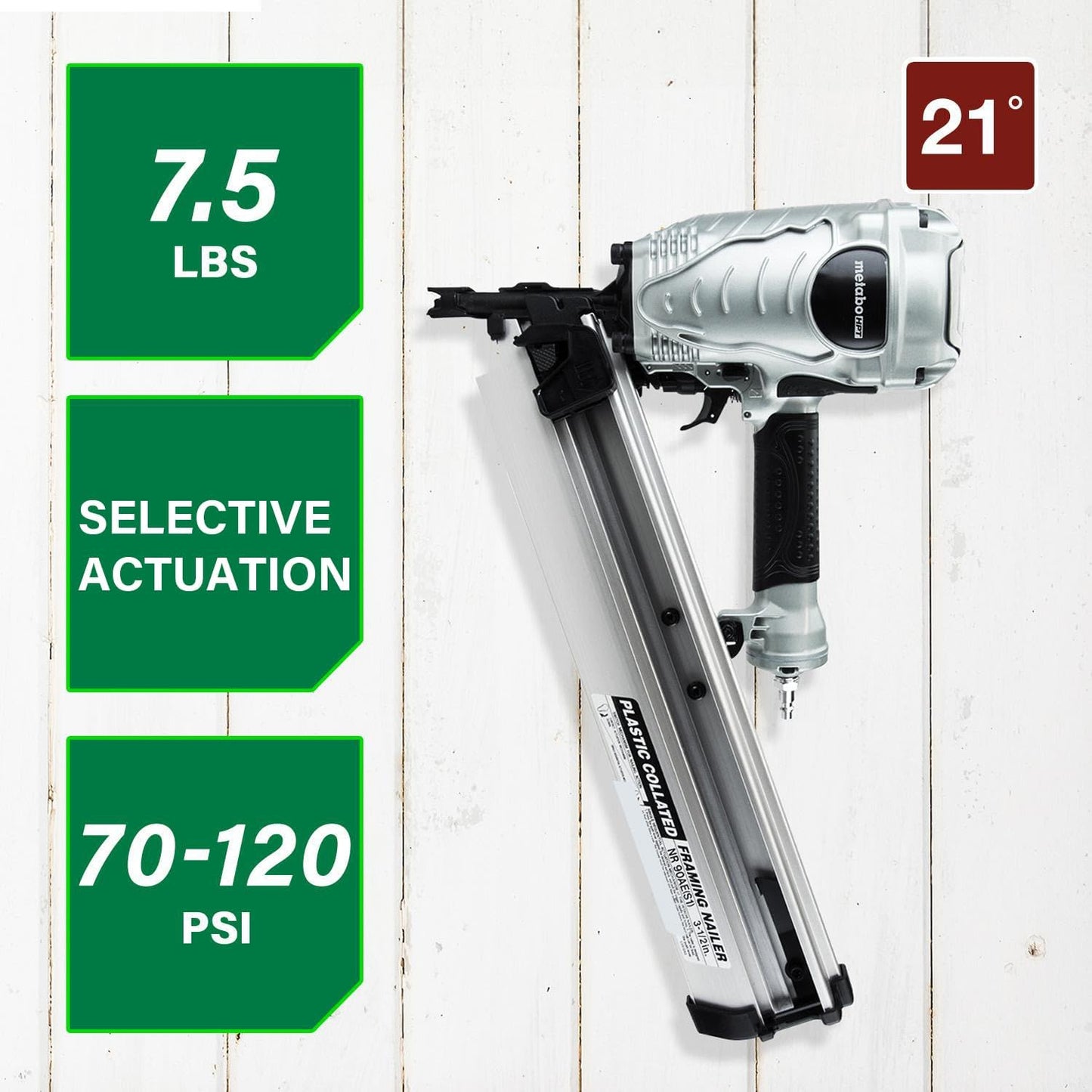 Metabo HPT Framing Nailer, Pro-Preferred Power Nailer for Flooring, Roof Decking, and More, Lightweight 7.5 Lbs Framing Tool for 21° 2" to 3-1/2" Plastic Collated Nails, NR90AES1