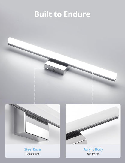 24 Inch Vanity Lights above Mirror Modern Gentle Lighting Bar for Bathroom, LED Lámparas Para Baño Sobre Espejo Modernas Chrome Long Restroom Lamp Fixtures for Makeup Daylight 6000K