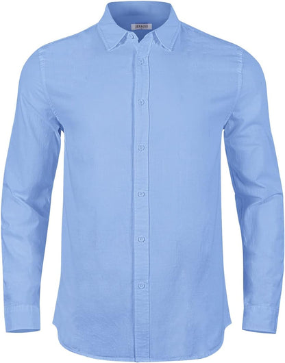 Mens Summer Casual Long Sleeve Cotton Linen Shirts Button up Solid Plain Roll-Up Sleeve Beach T Shirts