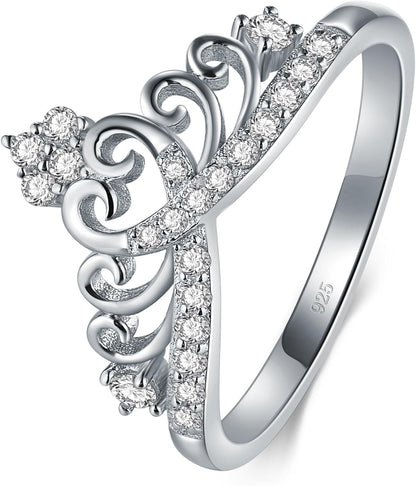 Princess Crown Tiara Wedding CZ Band - Premium Crown Rings for Women - Cubic Zirconia Ring - Sterling Silver Rings - Rings for Women with Platinum Plating over Sterling Silver - 2Mm 925 Silver Ring with Eco Friendly Bag Size 4-12