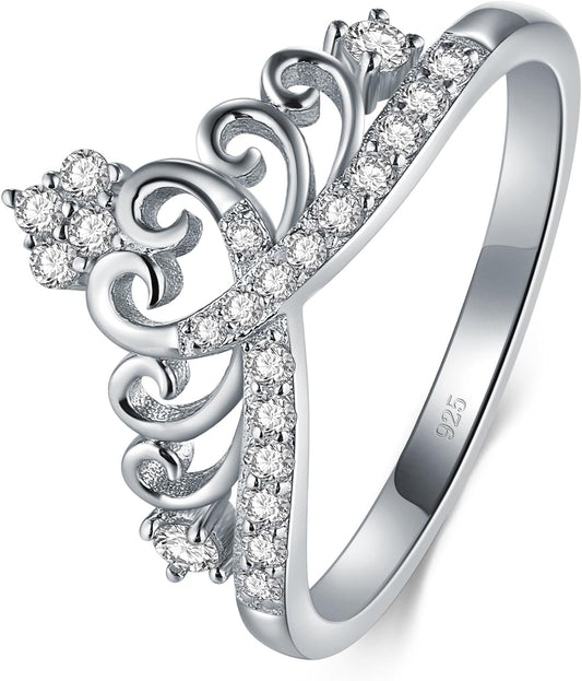 Princess Crown Tiara Wedding CZ Band - Premium Crown Rings for Women - Cubic Zirconia Ring - Sterling Silver Rings - Rings for Women with Platinum Plating over Sterling Silver - 2Mm 925 Silver Ring with Eco Friendly Bag Size 4-12