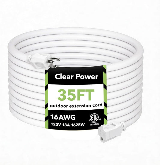 35 Ft Outdoor Extension Cord 16/3 SJTW, 3 Prong Grounded Plug, Weather Resistant & Flame Retardant, General Purpose Power Cord, White, DCOC-0207-DC