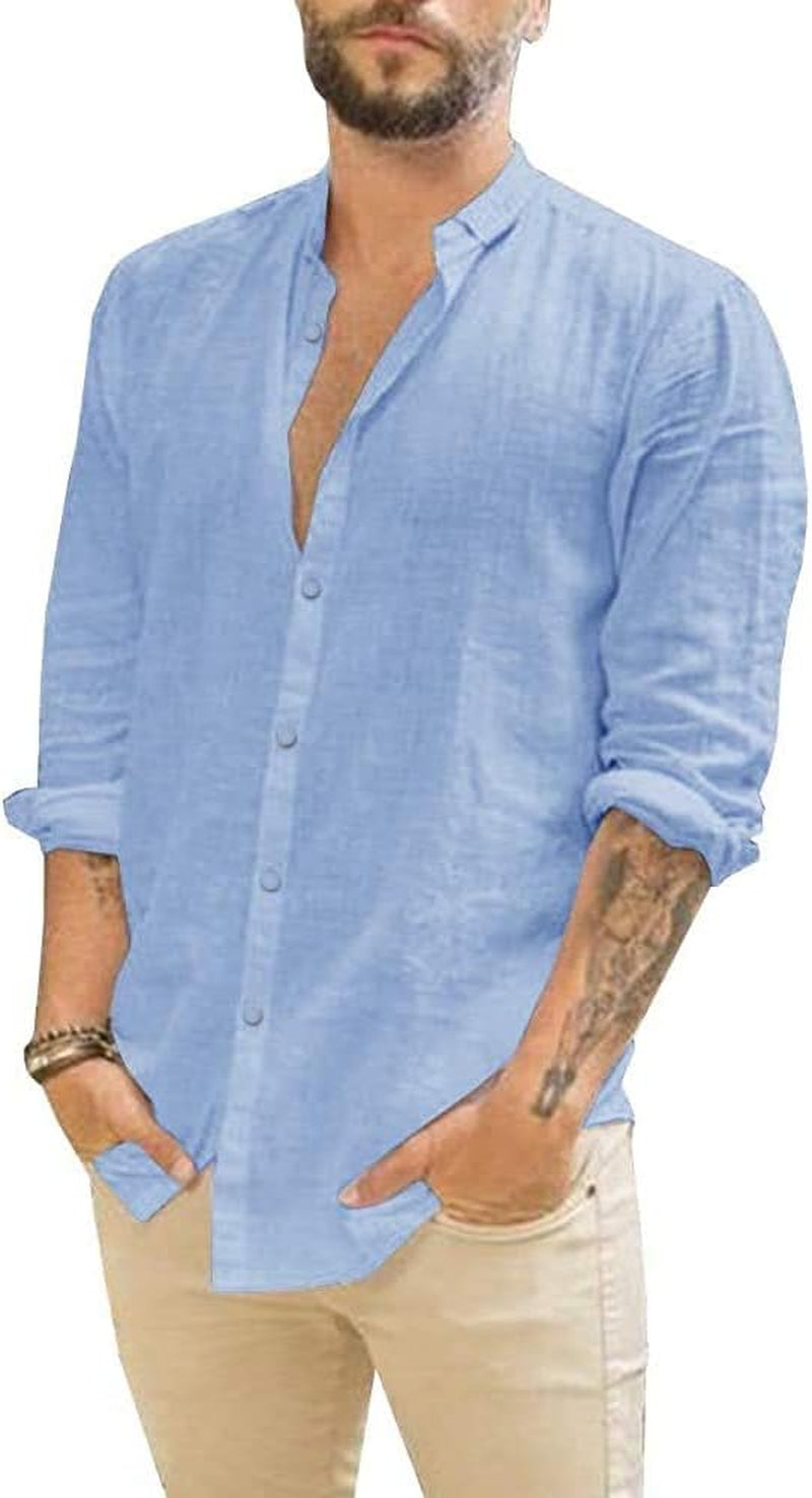 Mens Summer Casual Long Sleeve Cotton Linen Shirts Button up Solid Plain Roll-Up Sleeve Beach T Shirts