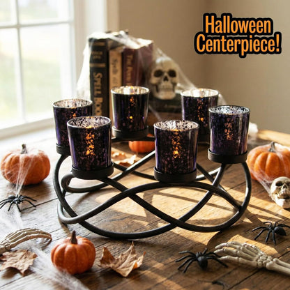 Centerpieces for Halloween Table Decorations - round Candle Holders for Outdoor Patio, Dining, Kitchen, Coffee & Wedding Table Decor, Black Iron Candelabra, 6 Black Glass Votive Tealight Cups