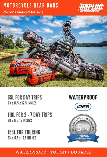 UNPLUG Ultimate Adventure | 1680D Heavy Duty Waterproof Bag | Large Travel Bag Which Can Be Used for Camping, Motorcycling, Boating, or Hunting|155L Adventure Orange