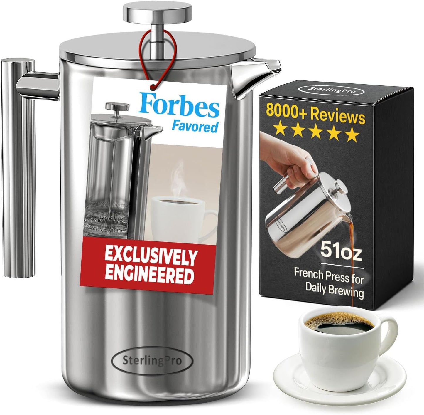 Stainless Steel French Press Coffee Maker 1.5 L (51 Oz) Mirror – Double Walled Insulated Large Coffee Press, Durable Design Keeps Drinks Hot, Easy to Use and Clean for Rich Flavor Brewing