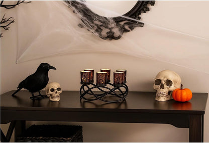 Centerpieces for Halloween Table Decorations - round Candle Holders for Outdoor Patio, Dining, Kitchen, Coffee & Wedding Table Decor, Black Iron Candelabra, 6 Black Glass Votive Tealight Cups