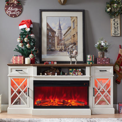 Farmhouse 3-Sided Fireplace TV Stand for 80" Tvs, 70" Entertainment Center with Electric Fireplace and Storage Drawers, Antique White